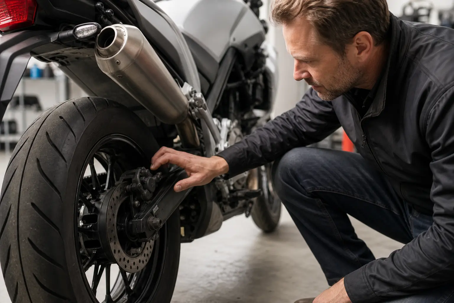 Rider checking the tread and sidewall of a motorcycle rear tire in a garage.