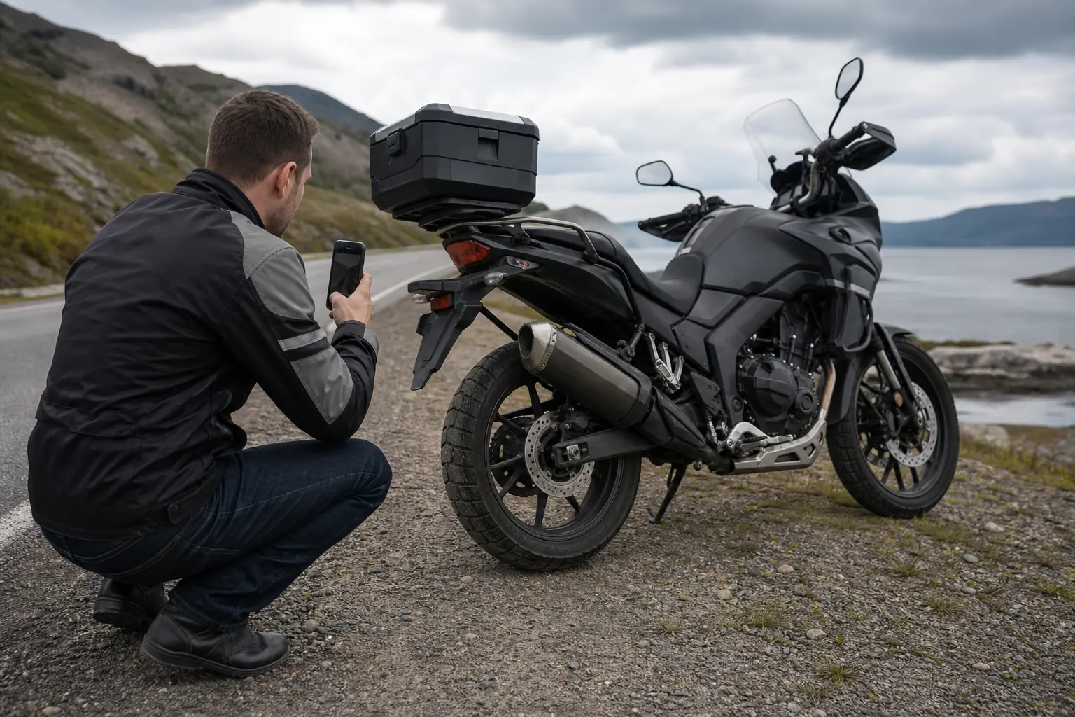 Motorcyclist documenting a tire concern while the motorcycle is safely parked.