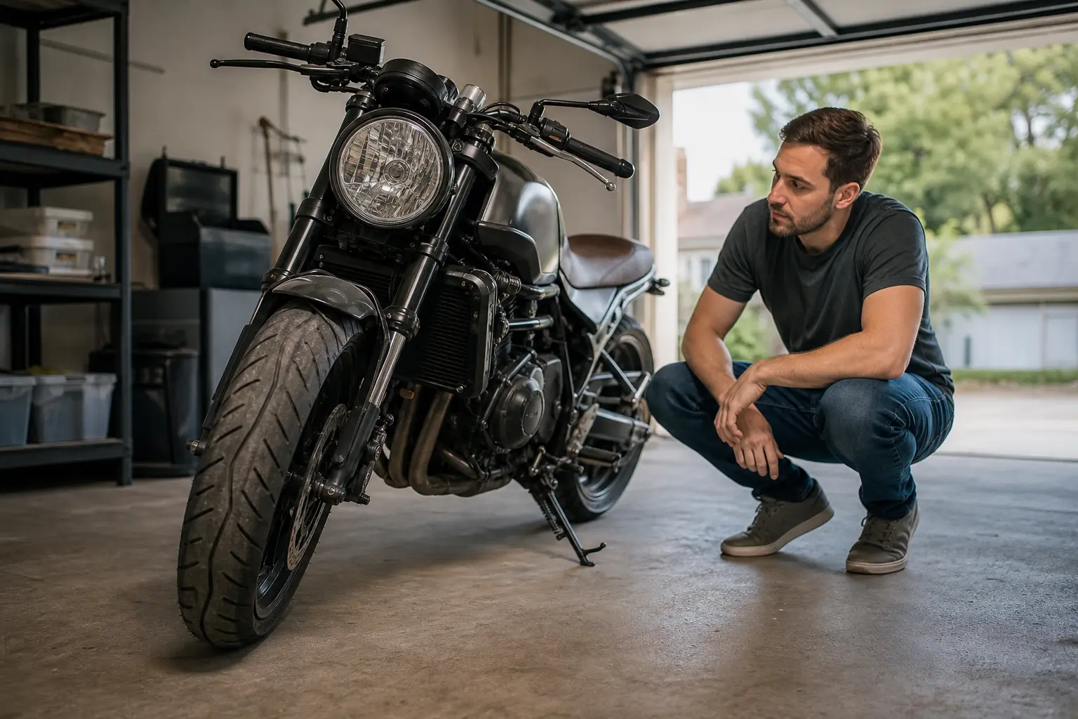 Rider visually checking motorcycle front tire tread while the bike is parked.