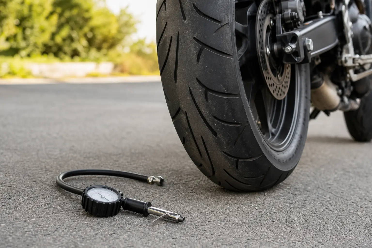 Motorcycle tire and pressure gauge prepared for a manual-specified cold-pressure check.