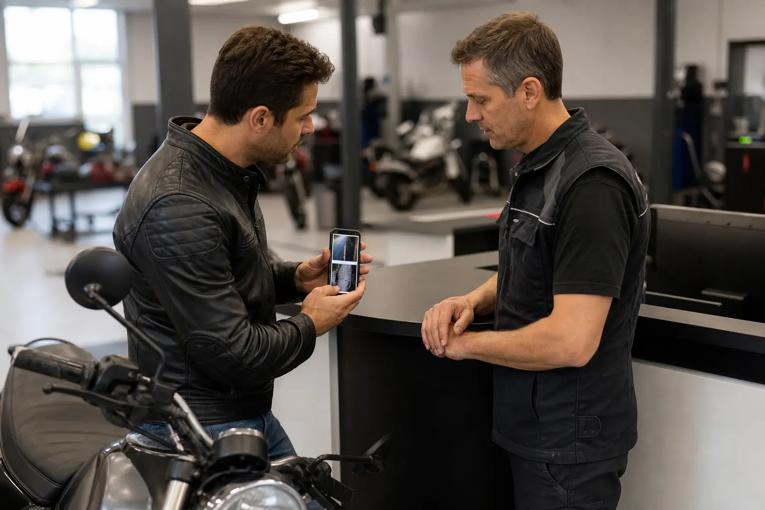 Rider sharing documented tire observations with a motorcycle service professional.