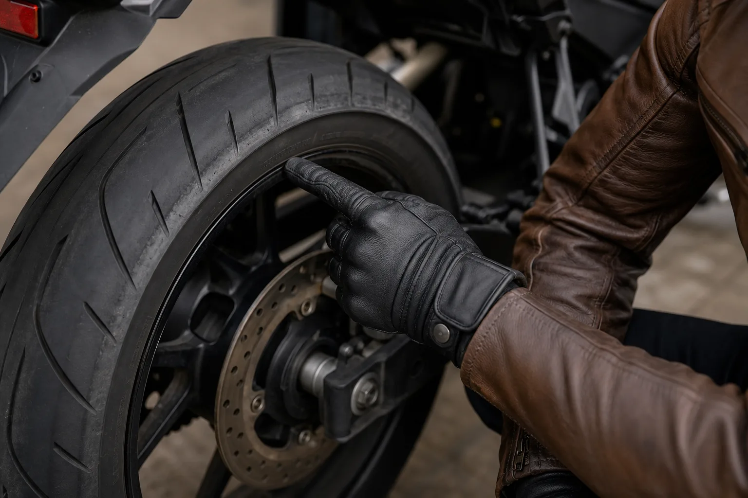 Gloved rider locating markings on a motorcycle tire sidewall.