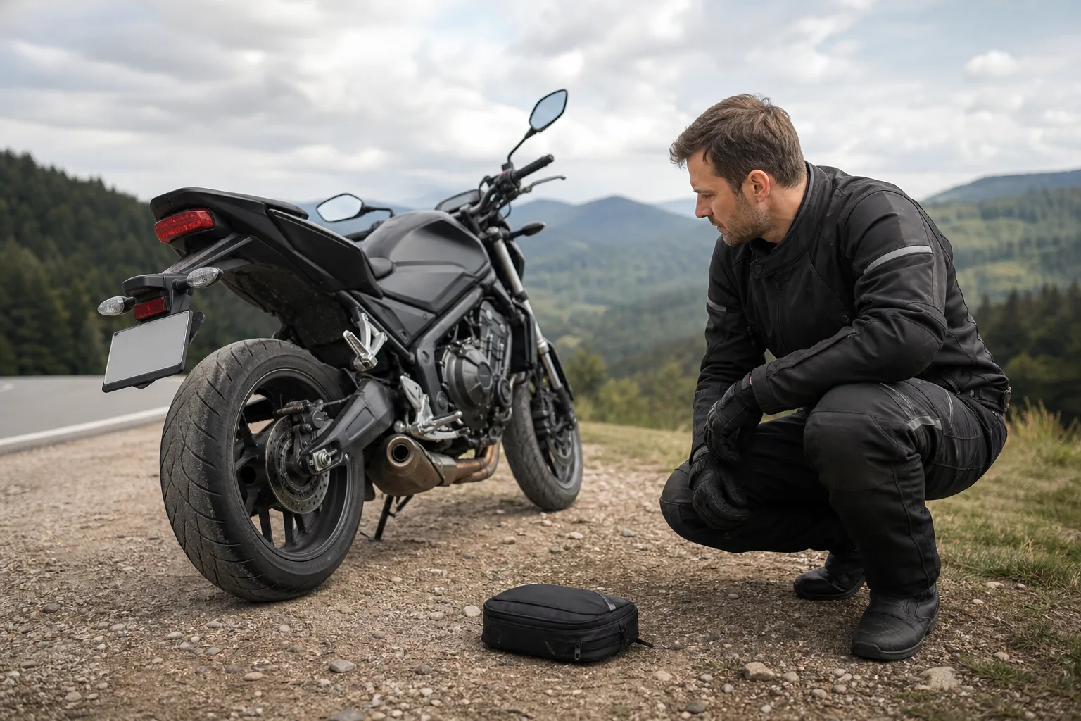 Rider assessing a motorcycle tire at a safe roadside pull-off.