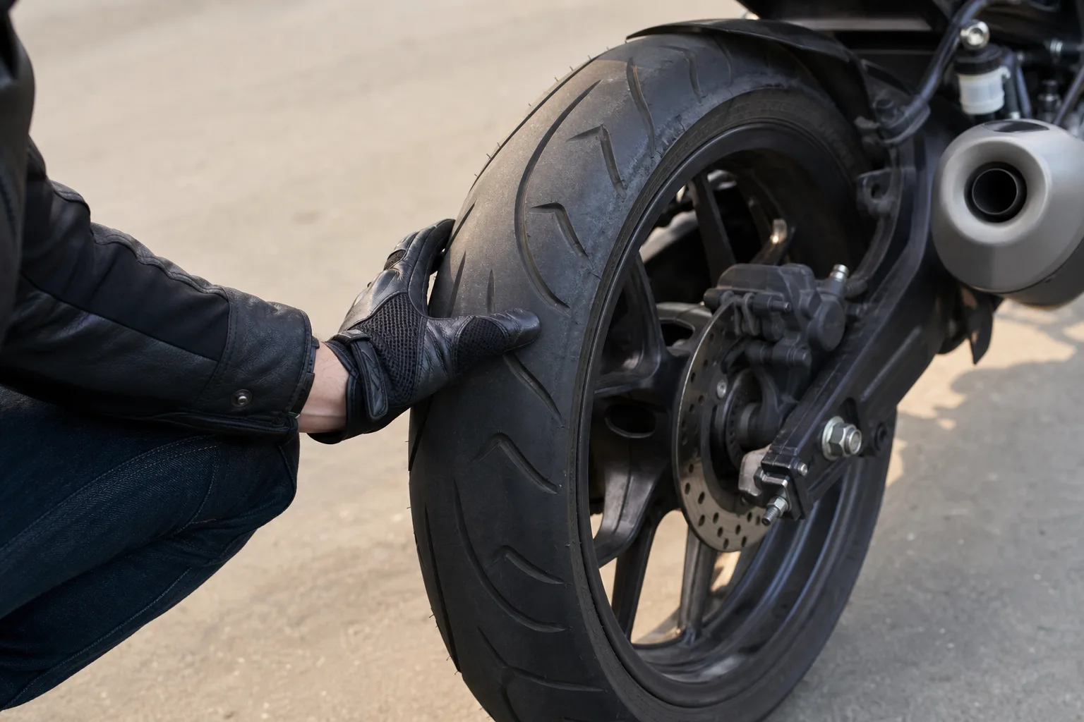 Close view of a rider visually inspecting a motorcycle tire tread.