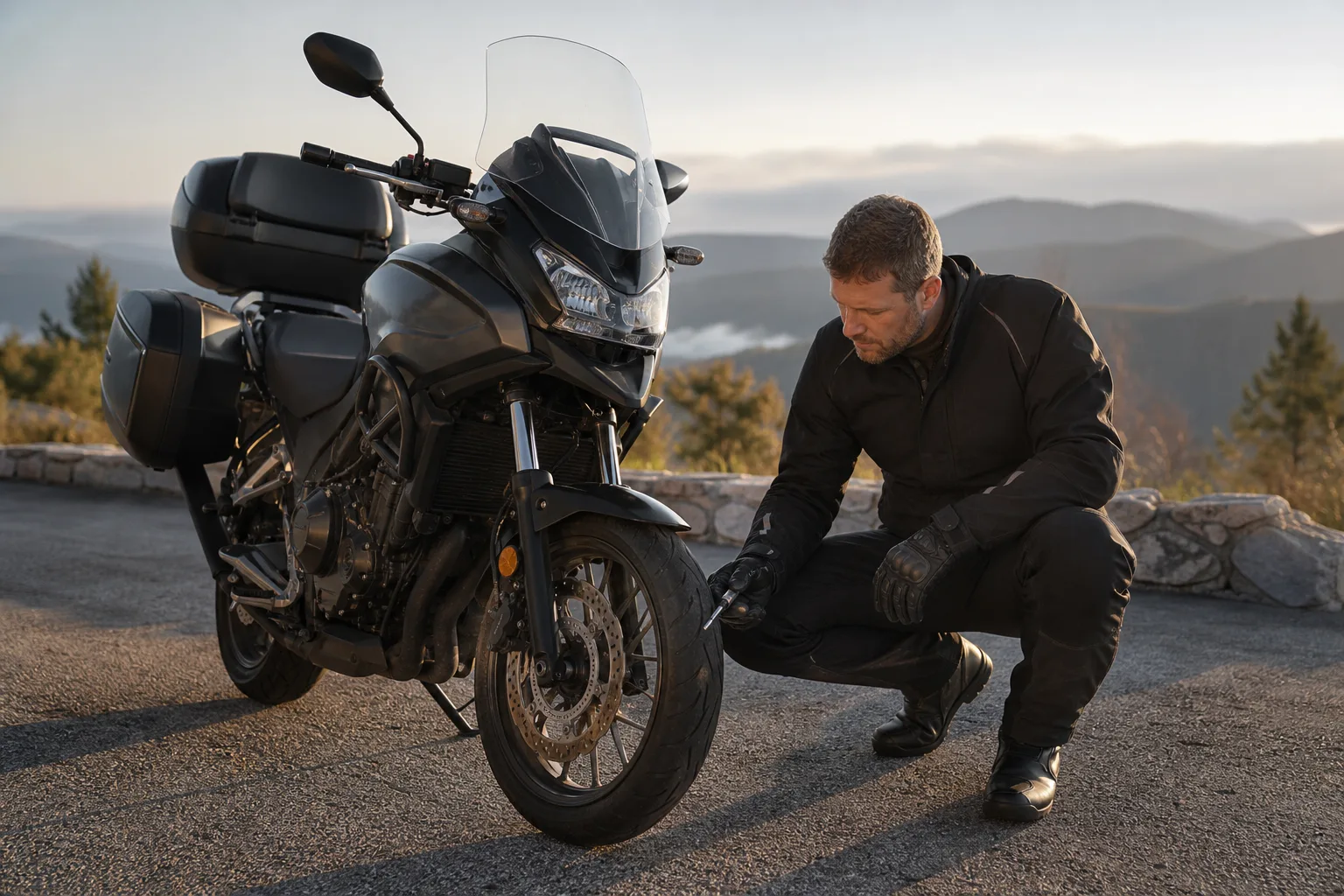 Rider checking a motorcycle tire before a ride.