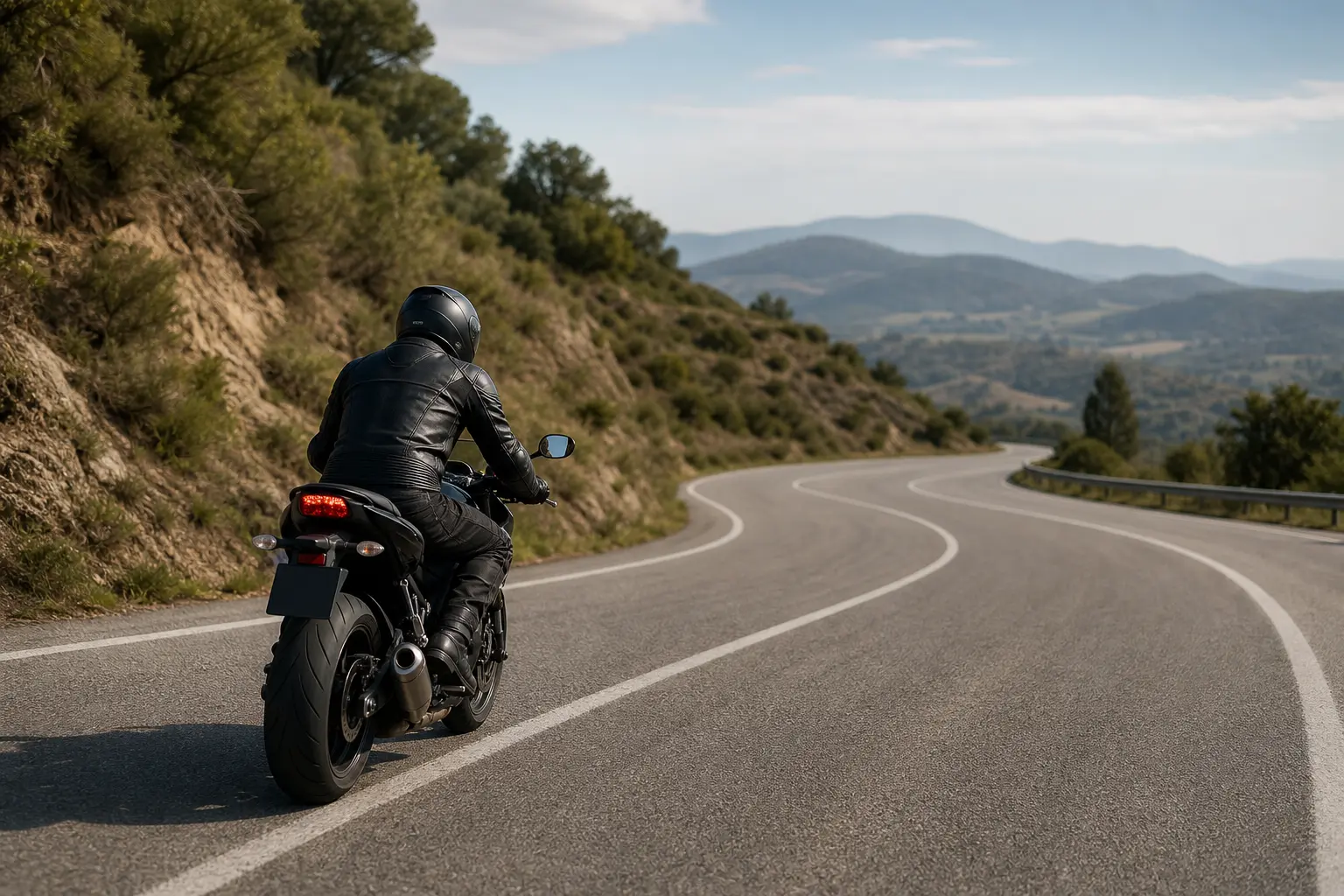 Motorcyclist approaching a sweeping bend with ample road space
