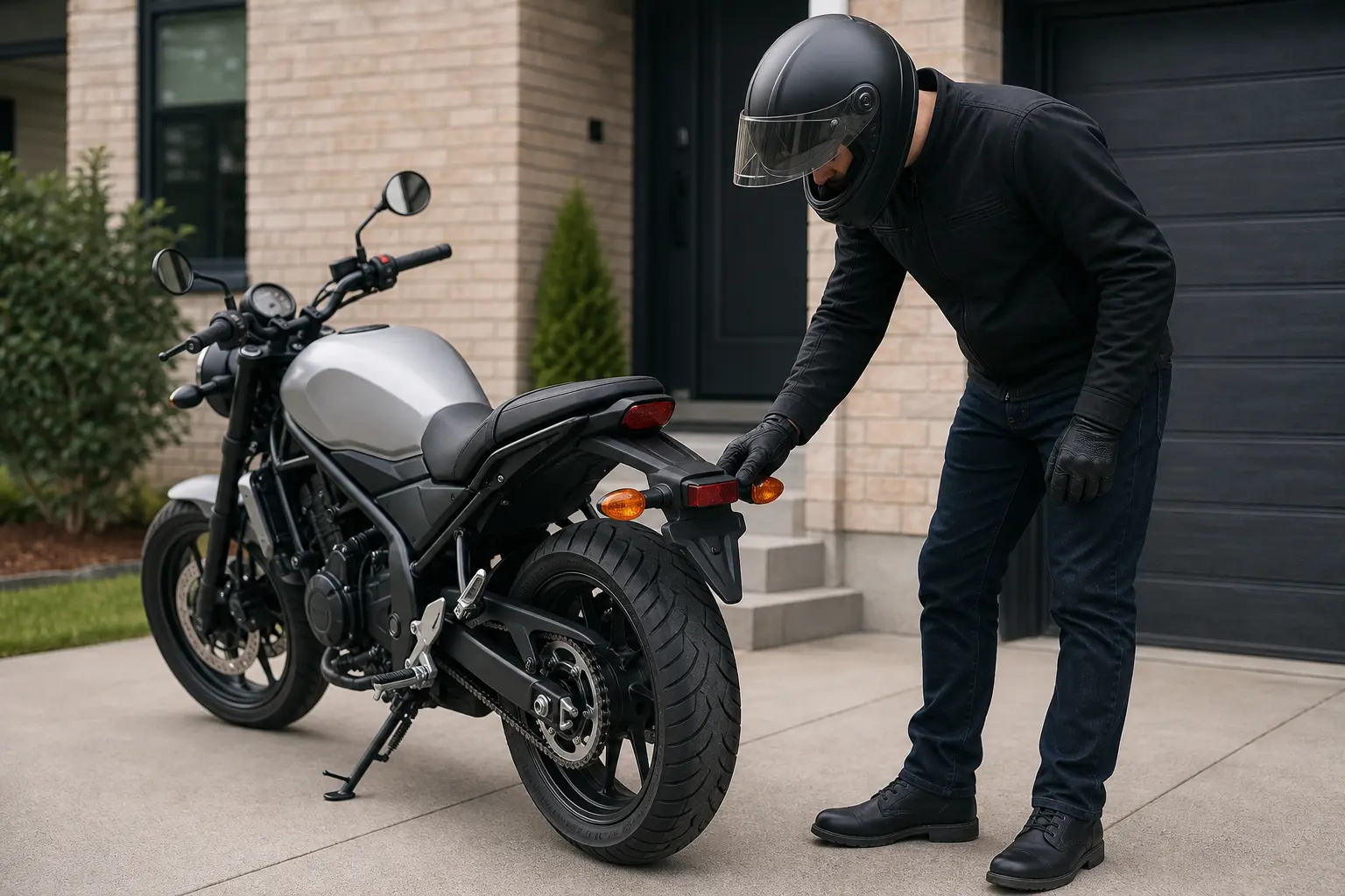 Rider checking a parked motorcycle’s rear turn signal before riding.