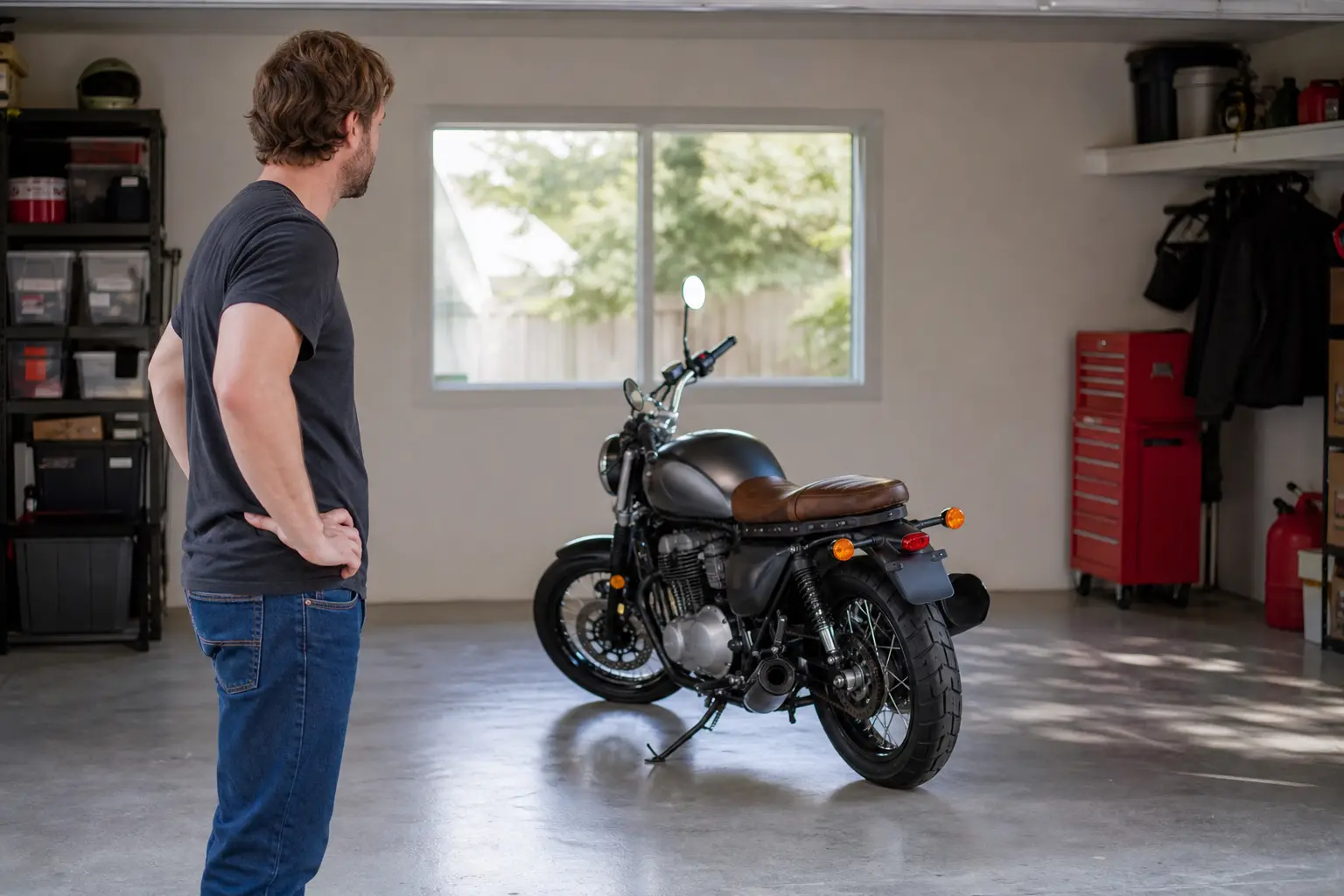 Rider observing motorcycle turn signals while the motorcycle is parked.