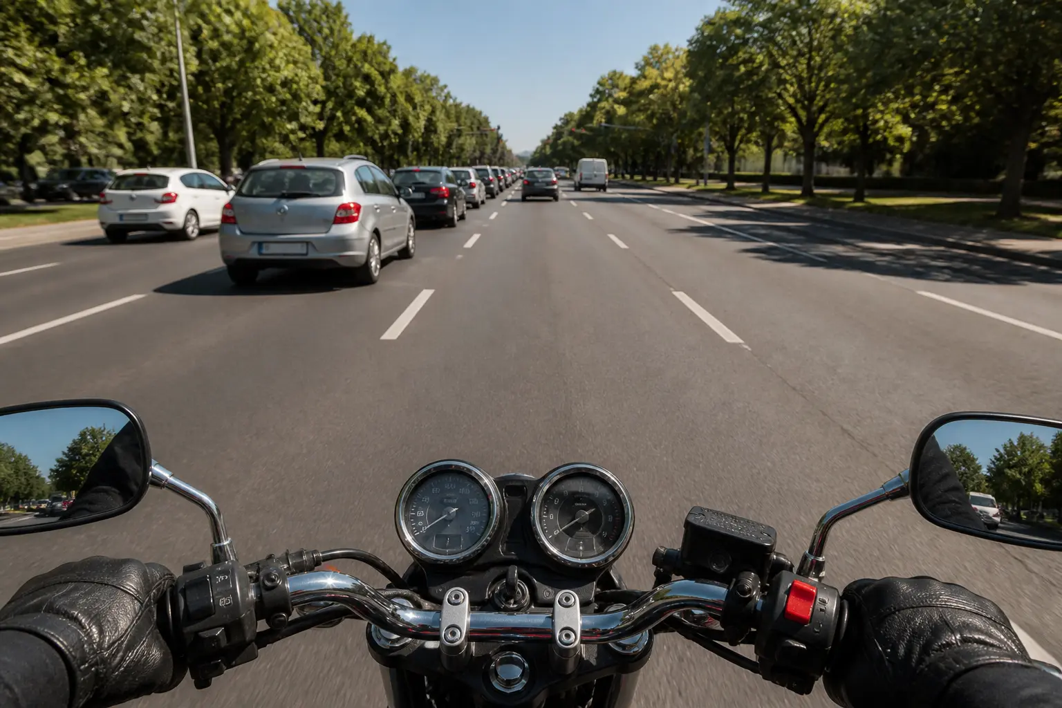 Motorcyclist approaching urban traffic with clear space nearby