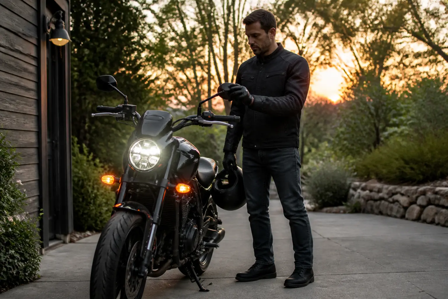 Rider completing a pre-ride visibility check beside a motorcycle