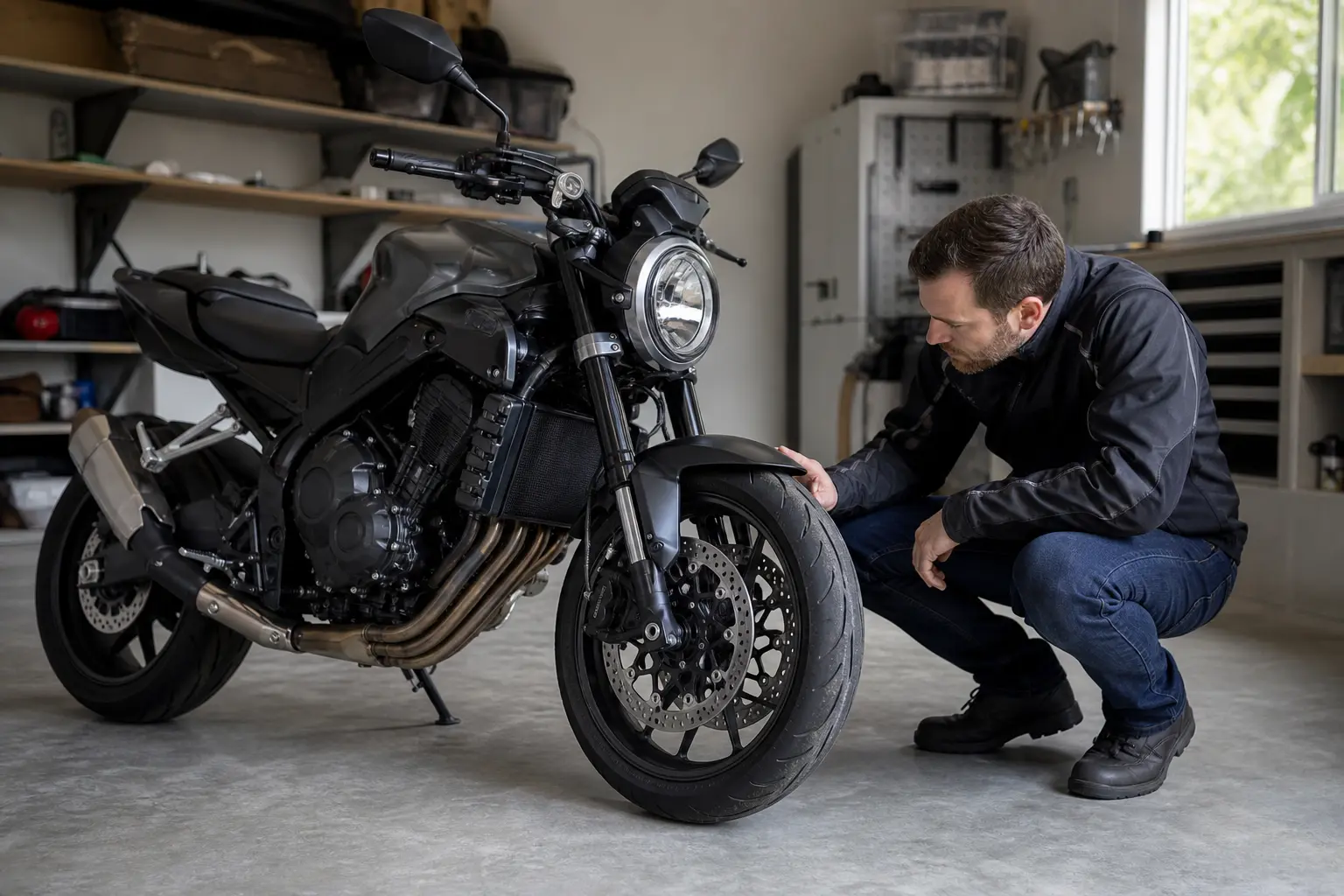 Rider visually inspecting the front wheel of a parked motorcycle in a garage.