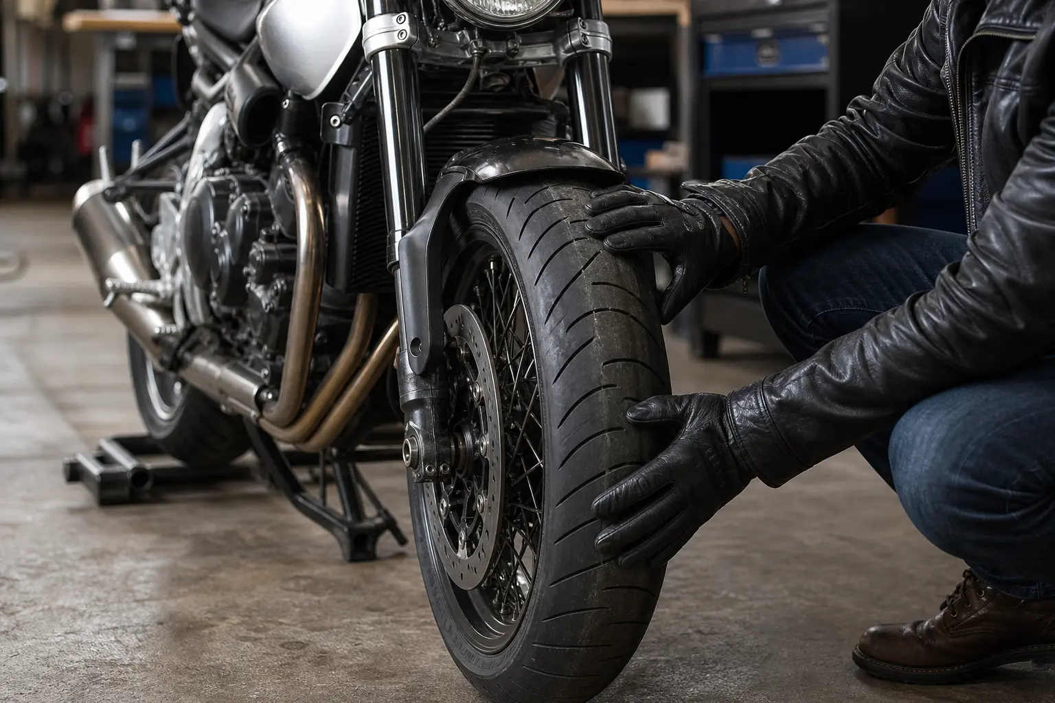 Gloved hands performing a gentle top-and-bottom tire check on a supported motorcycle.