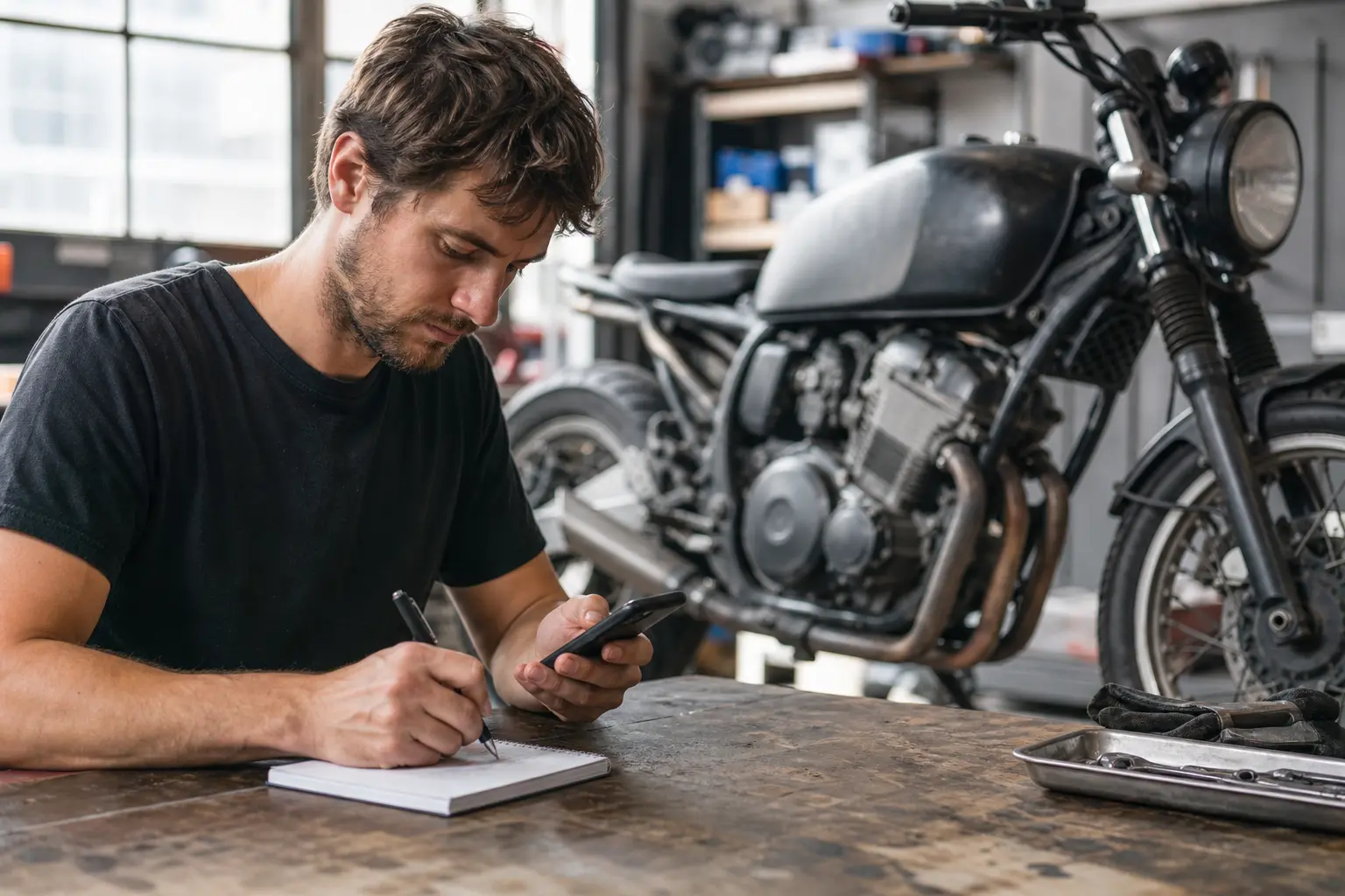 Rider recording a motorcycle wheel inspection observation before arranging service.