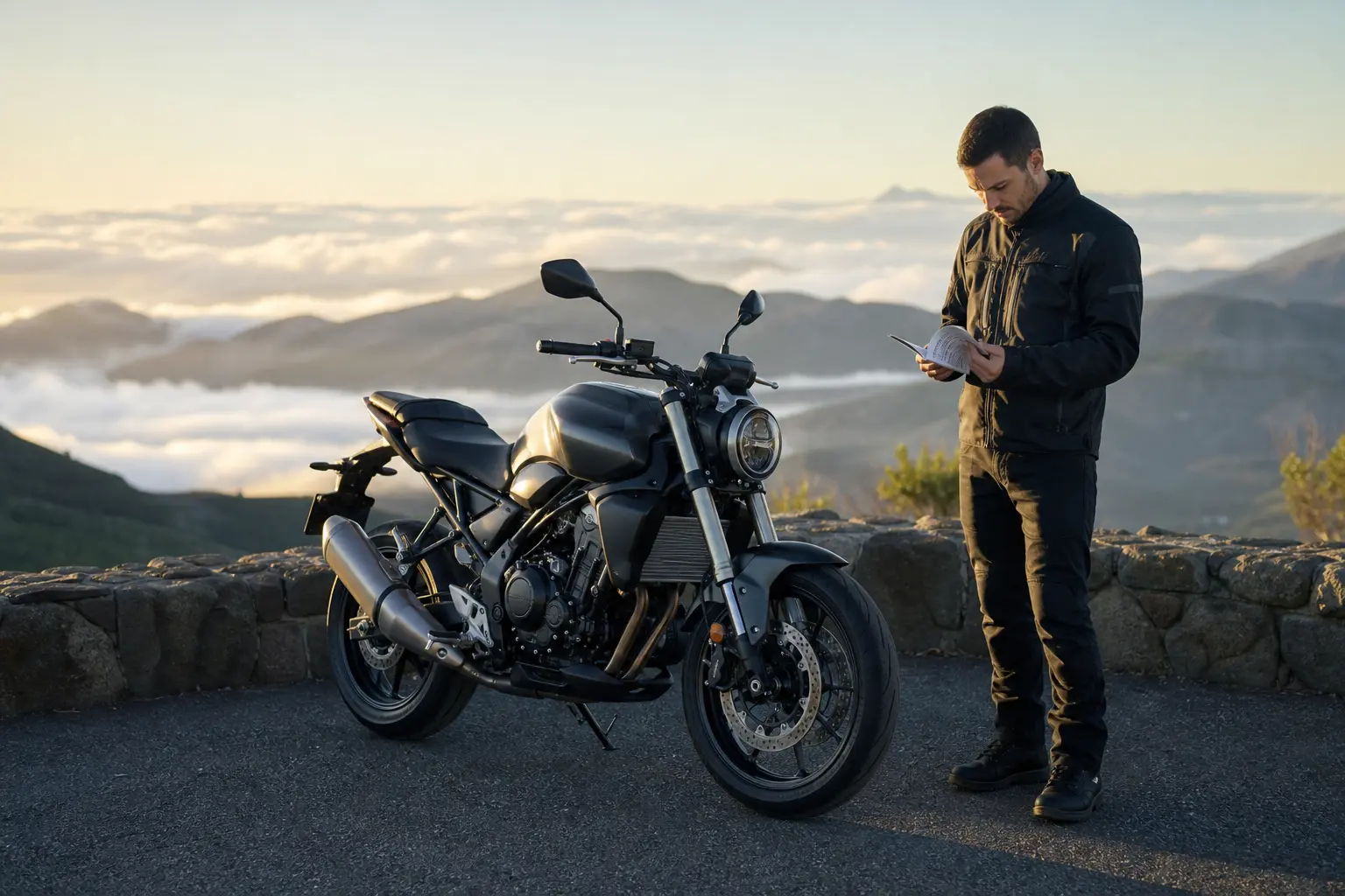 Rider reviewing an owner manual beside a new motorcycle before a ride.