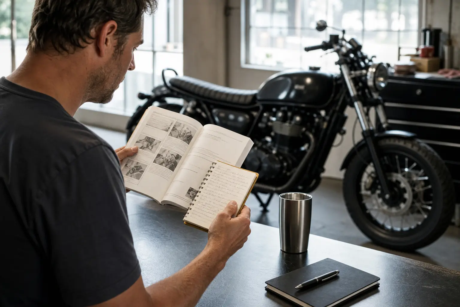 Rider organizing owner-manual notes and an initial service plan.