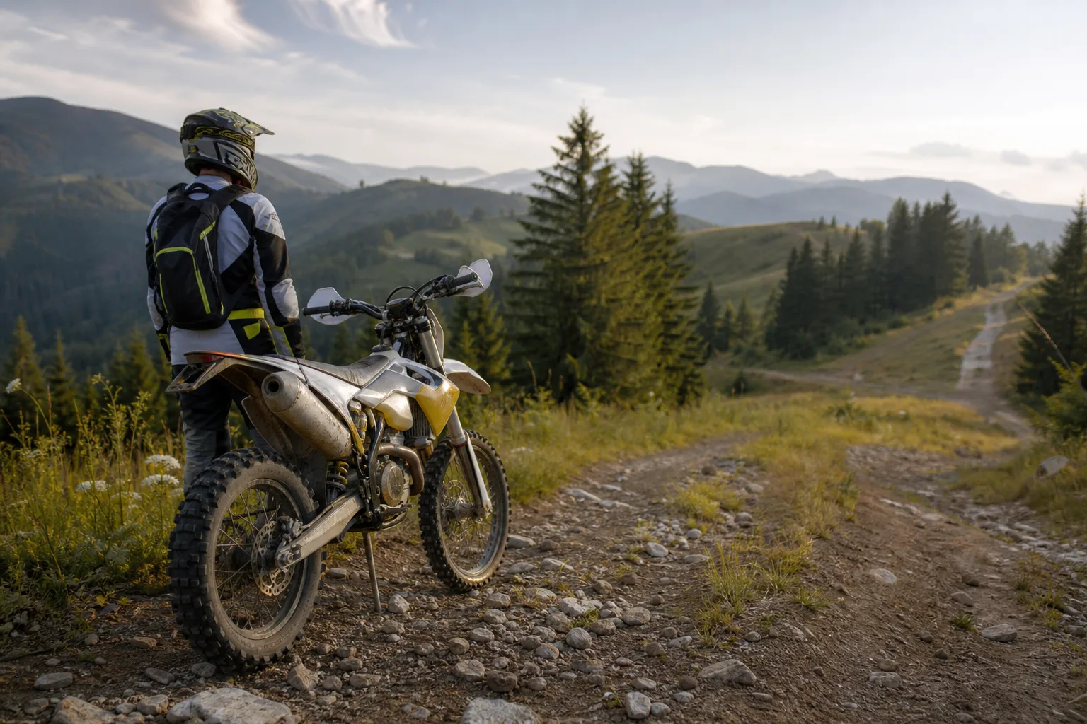 An off-road rider pauses at a trail junction to consider the route ahead.