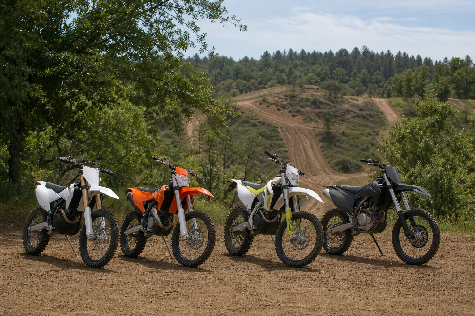 Different off-road motorcycle styles parked beside varied dirt riding terrain.