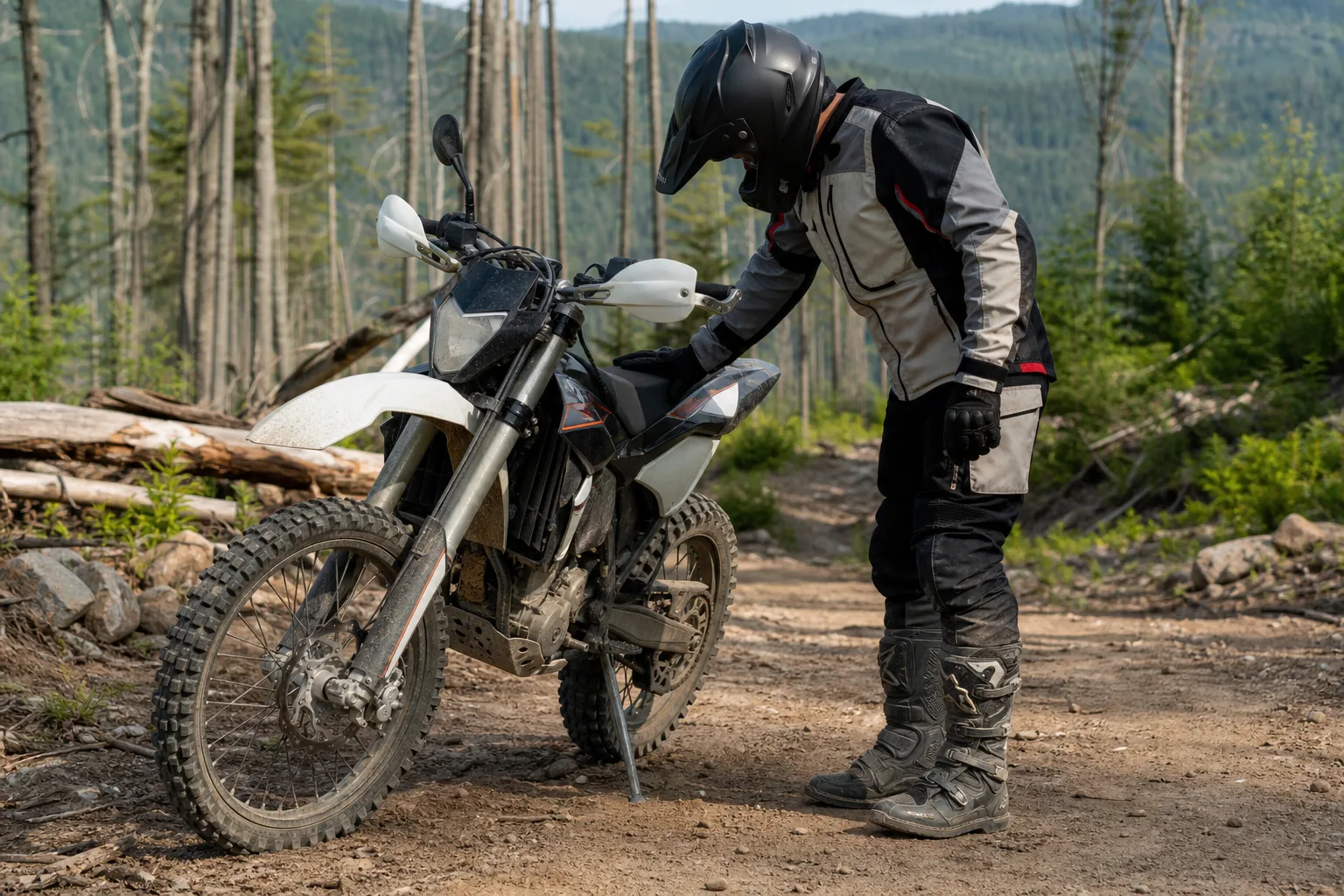 A geared-up rider checks an off-road motorcycle before riding.