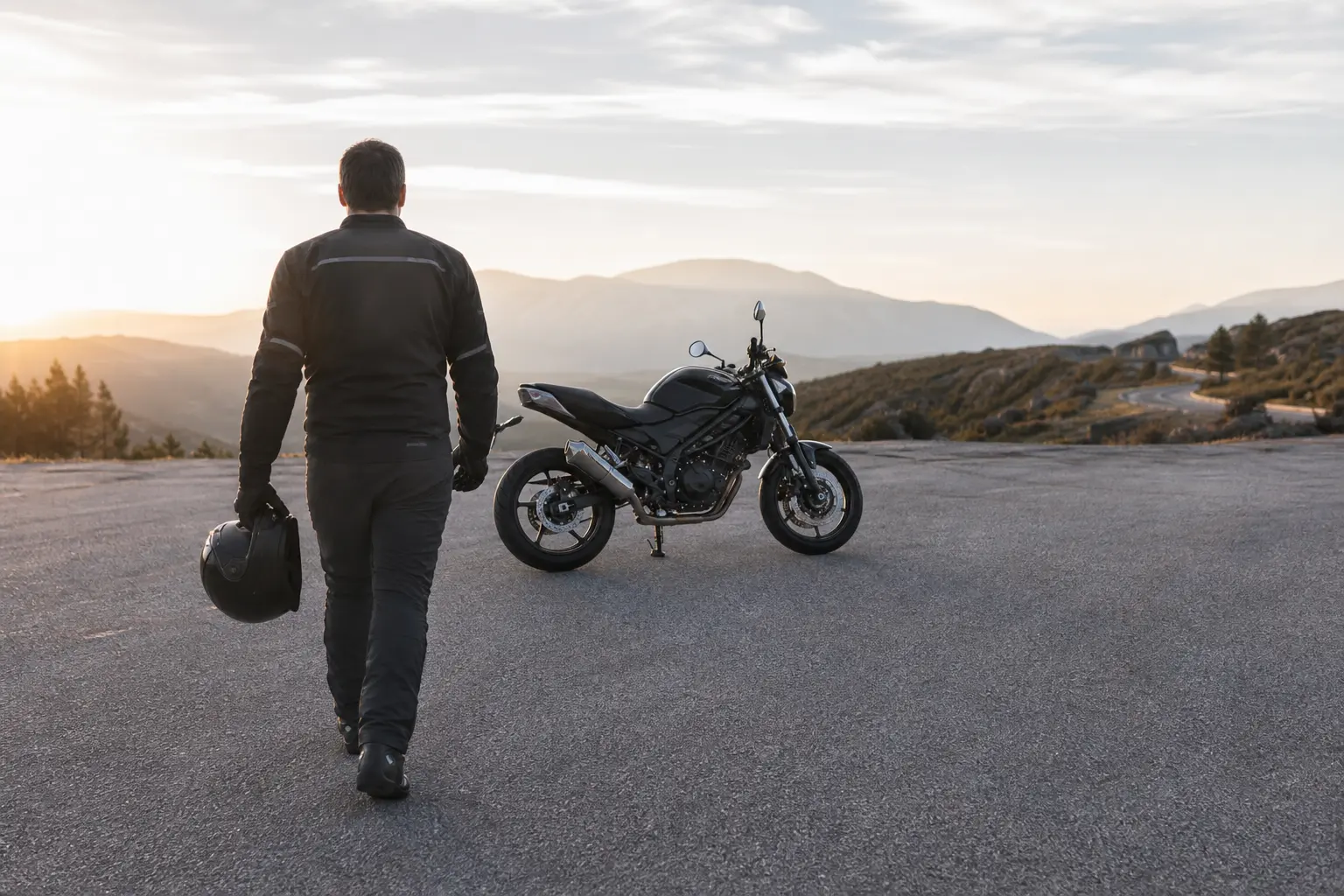Rider checking a clear departure route before leaving a parked motorcycle.