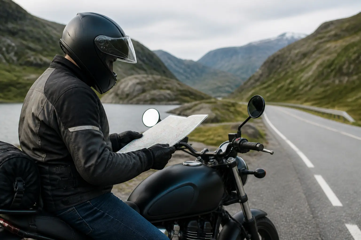 Rider preparing a conservative motorcycle route plan