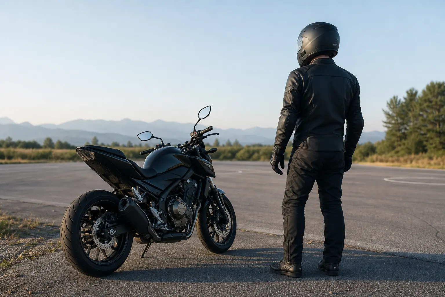 Motorcyclist calmly preparing beside a parked motorcycle in an open practice area.