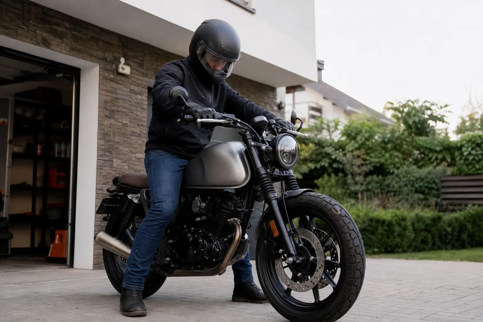 Rider becoming familiar with a parked motorcycle before riding.