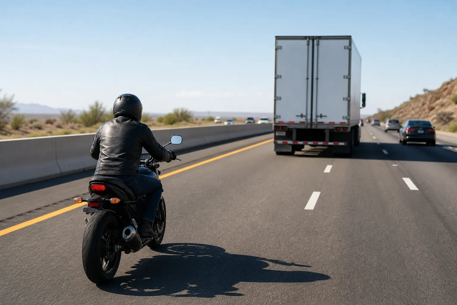 Motorcyclist maintaining space near a semi-truck on a highway.