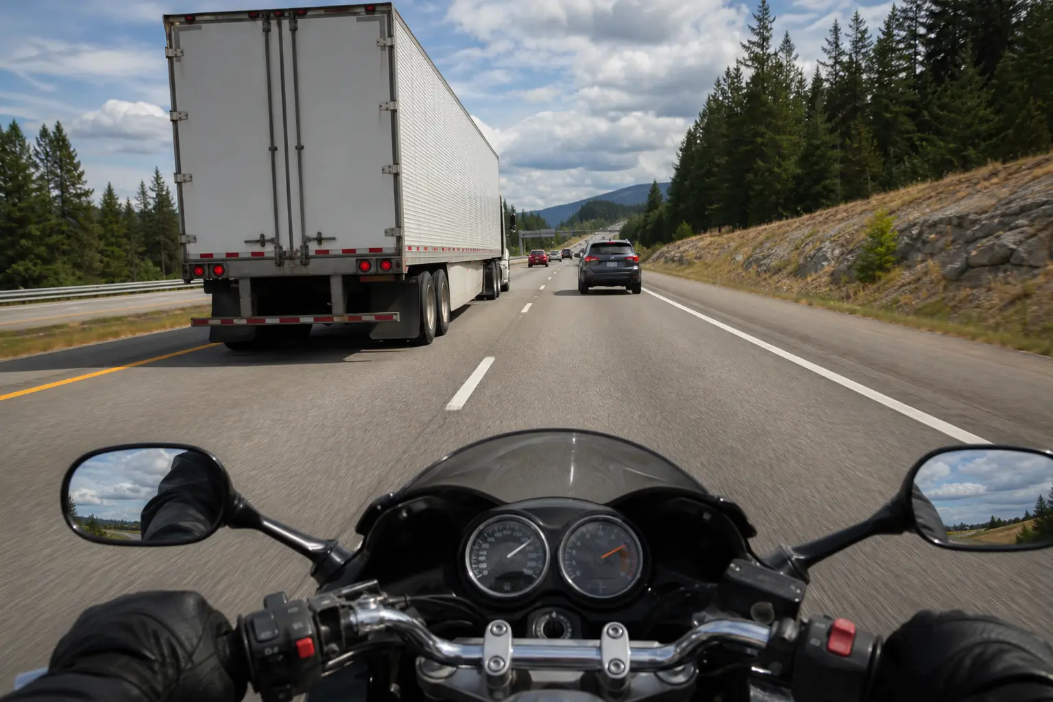 Motorcyclist holding a visible position behind a tractor-trailer.