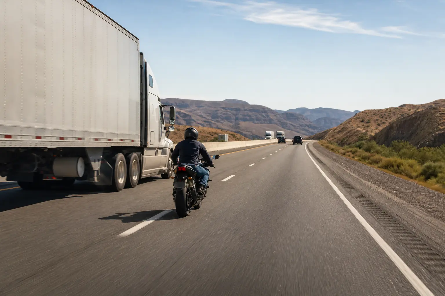 Motorcyclist establishing space ahead after passing a semi-truck.