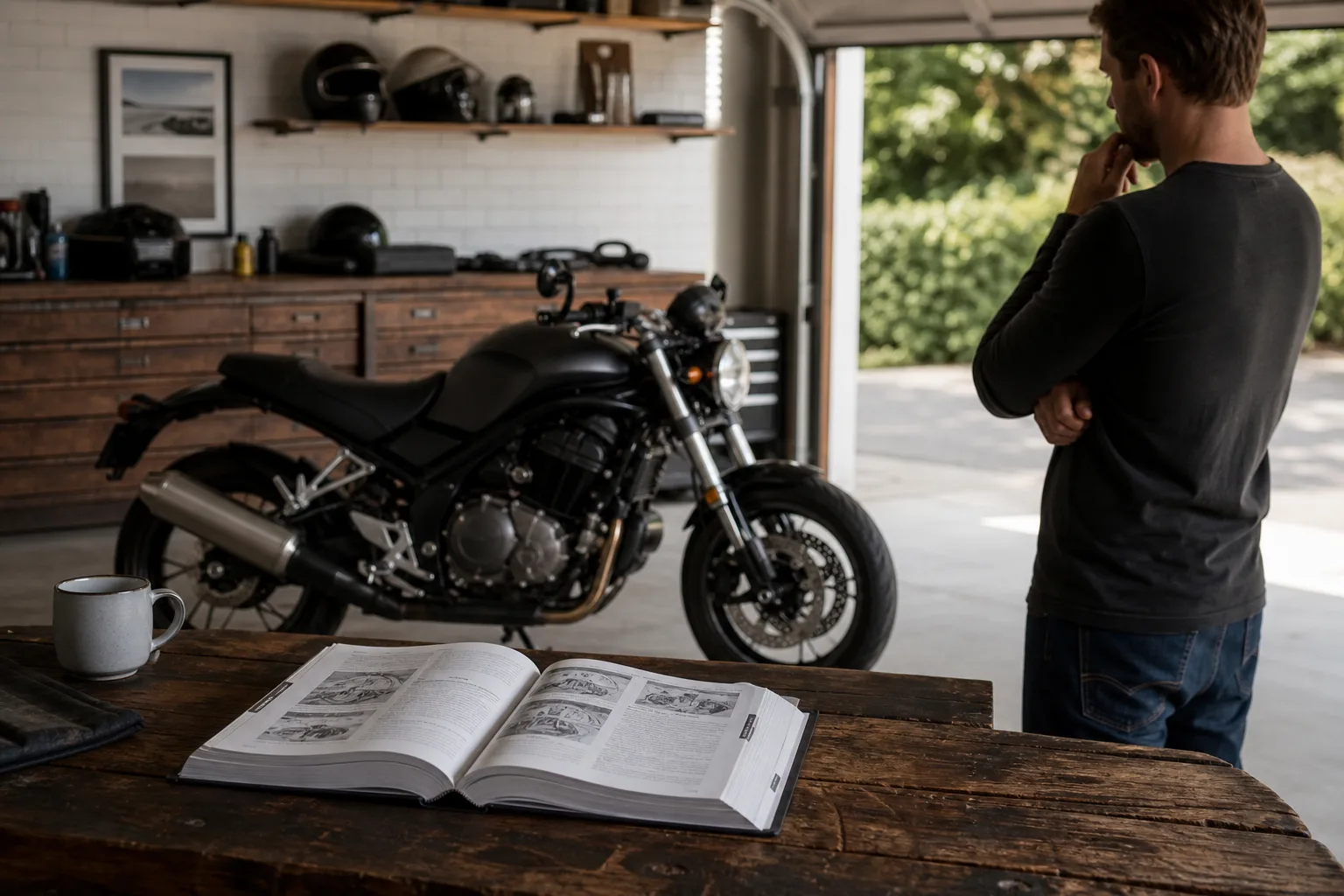 Parked motorcycle beside an owner’s manual for a deeper inspection review.