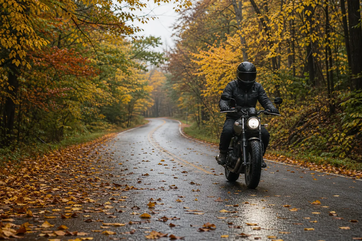 Motorcyclist approaching scattered wet leaves on a tree-lined autumn road.