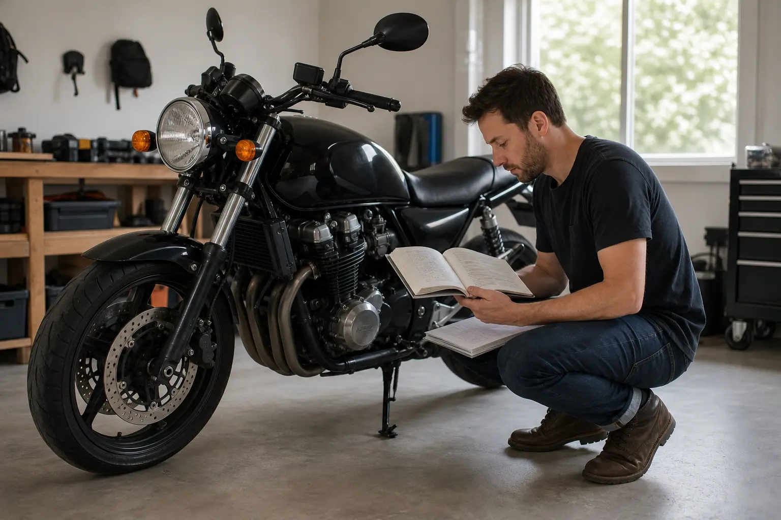 Motorcyclist reviewing maintenance information beside a motorcycle in a garage.