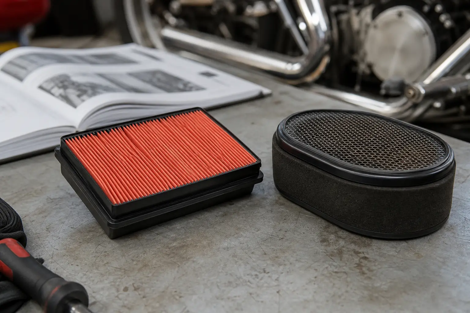 Different motorcycle air-filter materials shown for a maintenance comparison.