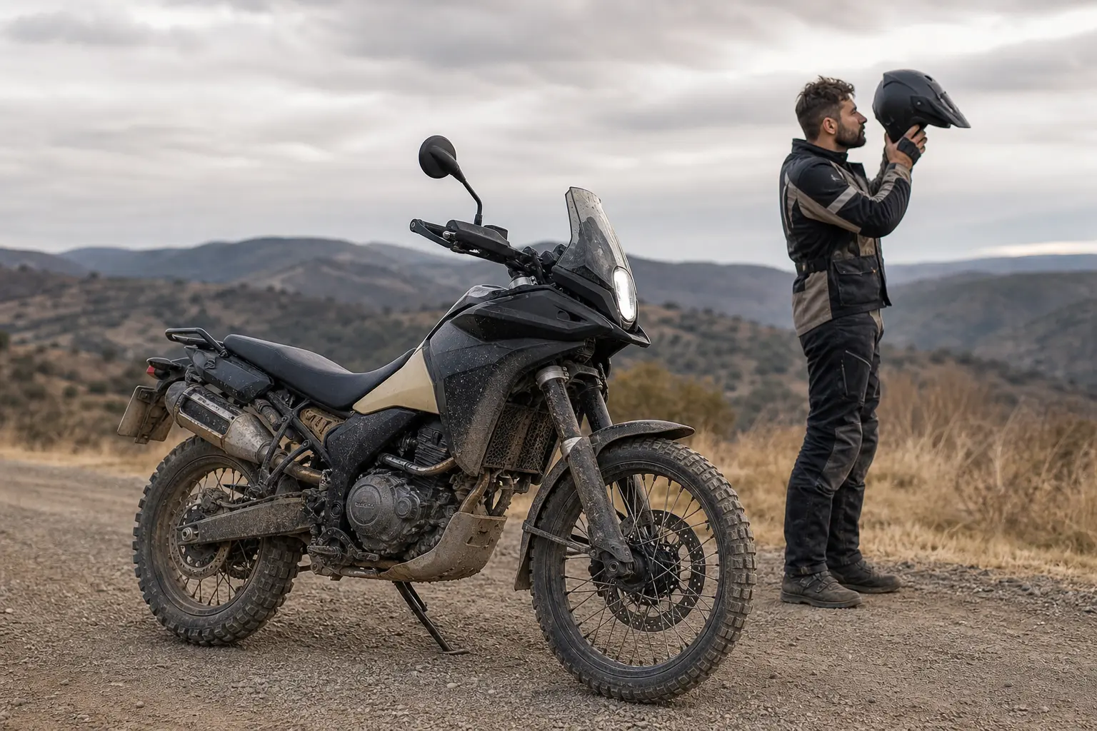 Motorcycle parked after riding on a dusty gravel road.