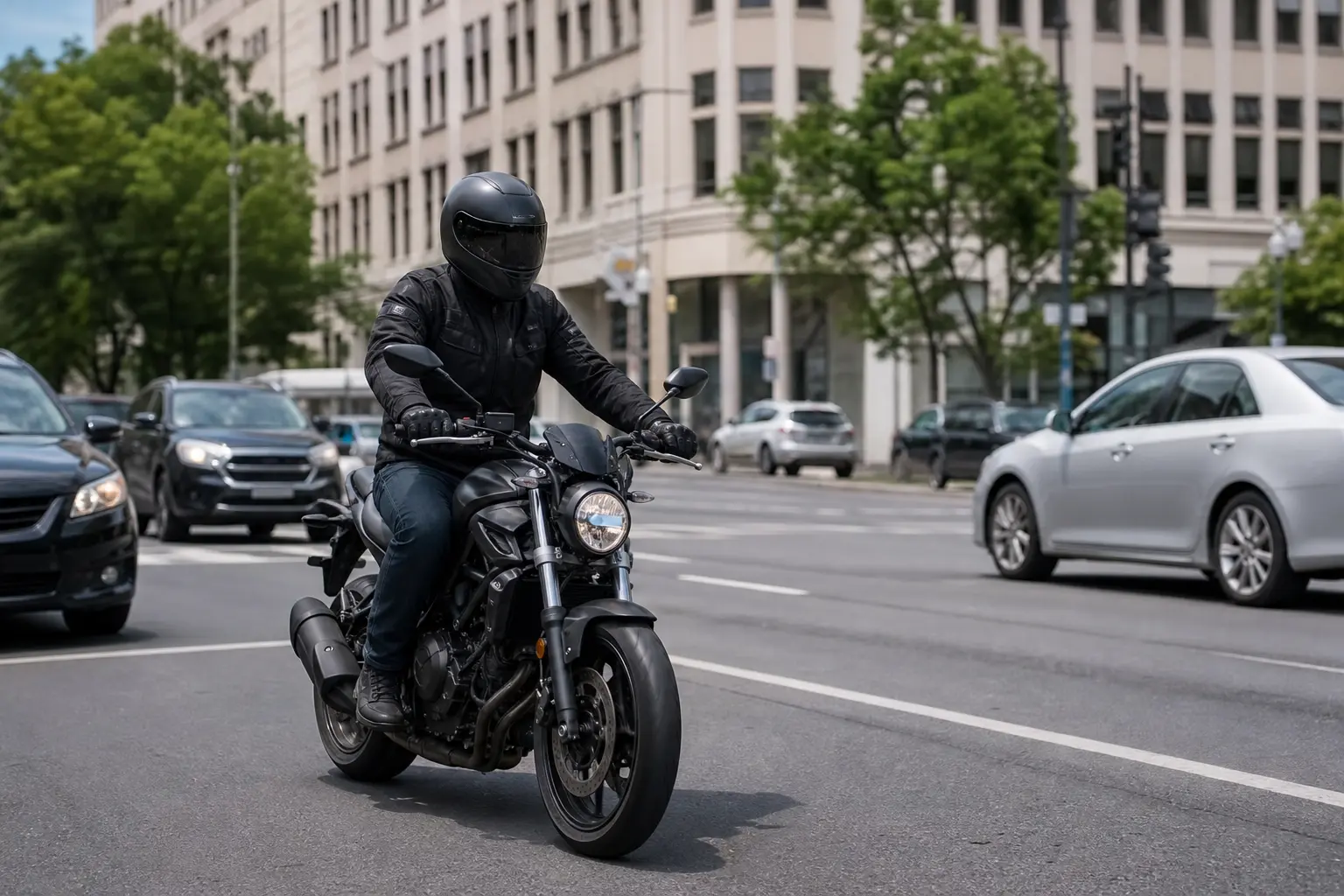 Motorcyclist approaching an urban intersection with space around the bike.