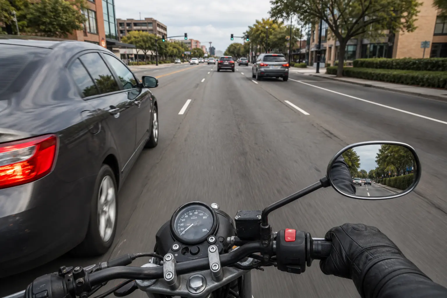 Motorcycle maintaining space near a vehicle that is edging toward its lane.