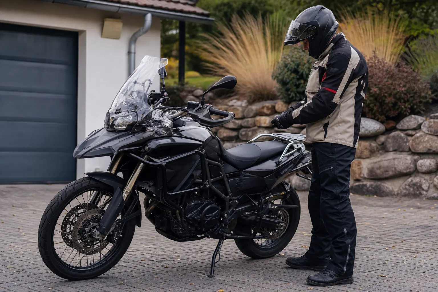 Rider checking a parked motorcycle before leaving.